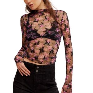Free People Black Floral Mesh Top